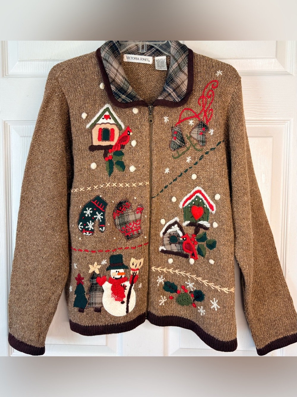 Vintage 90s Victoria Jones Embroidered Zip up Christmas Cardigan Sweater LG